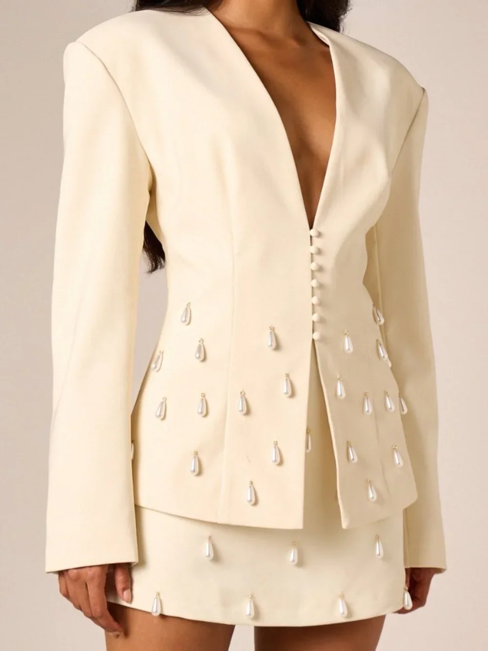 White Elegant Women's Pearl Embellished Tailored A-Line High Rise Mini Skirt